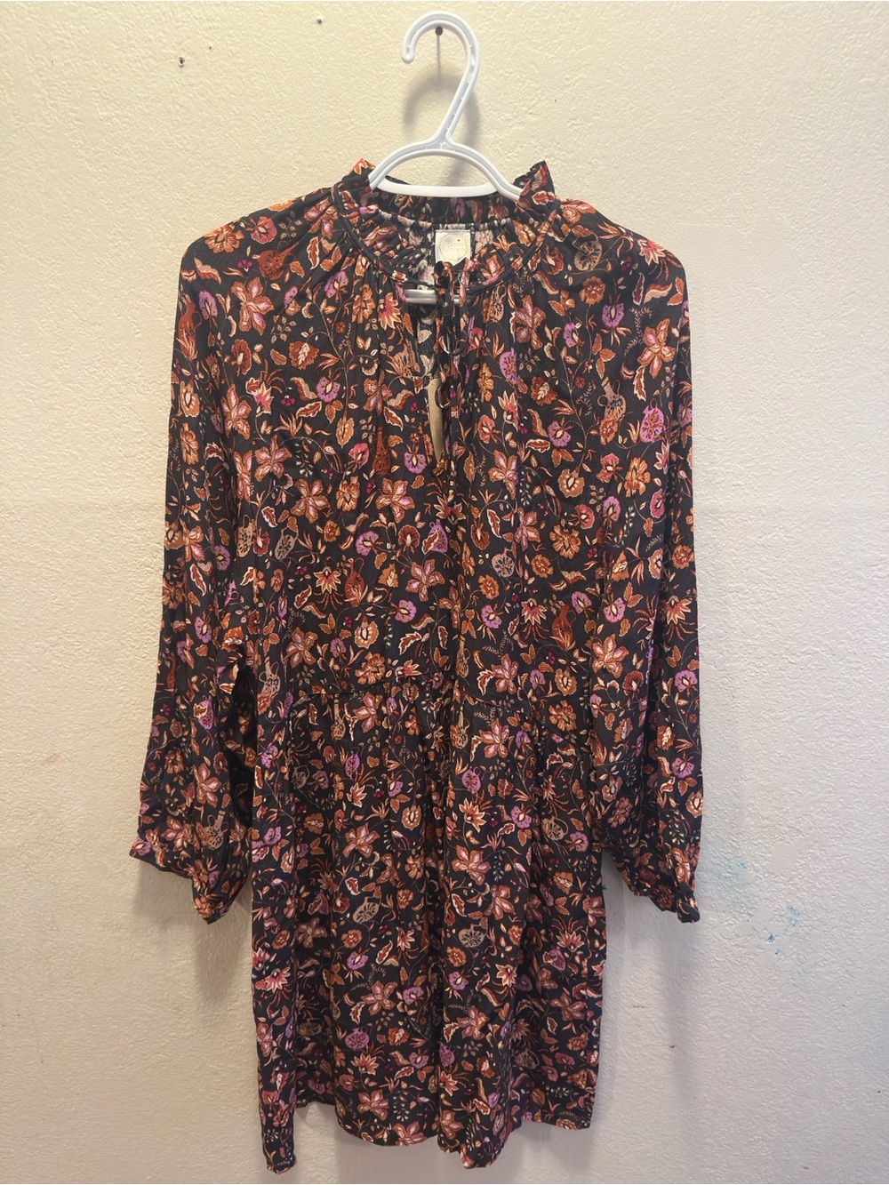 Smocked Neck Long-Sleeve Floral Dress in Black with Pink & Brown Blooms